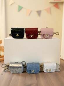 1pc Girls' Solid Color Quilted Embroidery Diamond Grid PU Magnetic Closure Fashion Mini Earphone Bag Crossbody, Suitable For All Seasons Daily Use - A - View 1