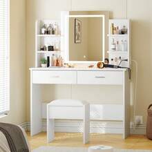 Tocador con Espejo con Luz, Set de Maquillaje con Toma de Corriente, Banquito Acolchonado, Mesa Tocador con 6 Repisas de Almacenaje, 2 Cajones Grandes y Luz de Tres Tonos con Brillo Ajustable - Blanco - Ver 2