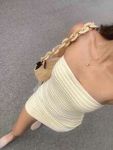 Vaiaye 女士纯色条纹质感浪漫优雅无肩带修身短裙，无袖露背性感沙滩度假半身裙，适合婚礼、派对、音乐会、锐舞派对等场合，夏季女装。 - 黃色 - 查看 10