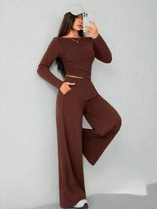 Women's Casual Sports 2 Pieces Set, Spring Season, Boat Neck Long Sleeve Top, High Waist Pocket Straight Leg Pants - Brown - View 4