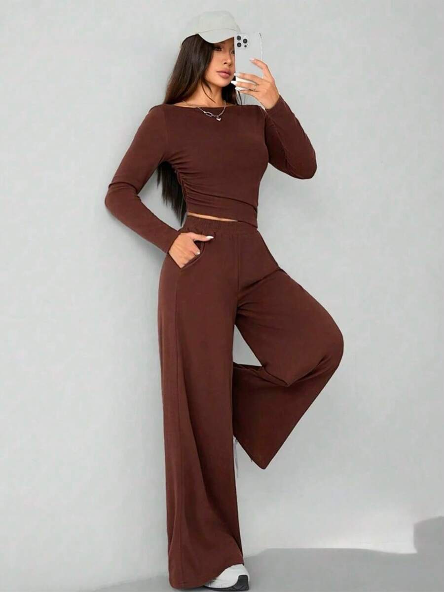 Women's Casual Sports 2 Pieces Set, Spring Season, Boat Neck Long Sleeve Top, High Waist Pocket Straight Leg Pants - Brown - View 1