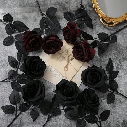 12pcs Black Artificial Silk Roses, Fake Rose Bouquet Suitable For Party, Dark Style Decor, DIY Wedding Bouquet, Party, Home, Living Room, Kitchen, Garden, Hotel, Office, Valentine's Day Gift, Thanksgiving Decor, DIY Wreath, Gift, Table Centerpiece Decoration, Birthday Decoration, Indoor, Outdoor Decor, Fake Plastic Flower Bulk For Vase Decoration, Farmhouse Home Decoration, Boho Wedding