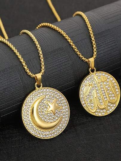 1件时尚闪亮星月符号圆形吊坠项链，嘻哈护身符饰品，男女皆宜，日常及节日佩戴