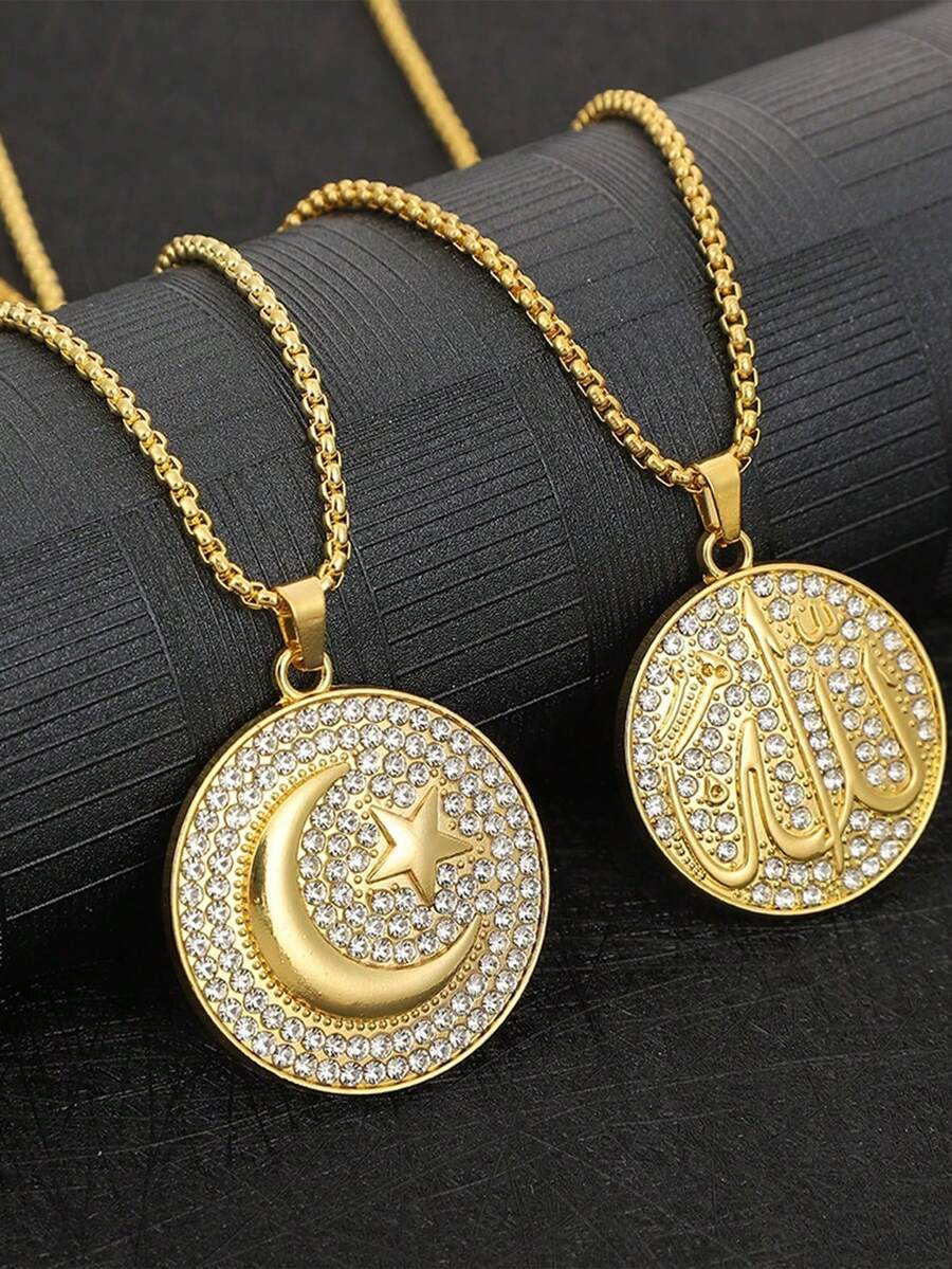 1pc Fashionable Shiny Faith Star & Moon Symbol Round Pendant Necklace, Hip Hop Amulet Jewelry Suitable For Men & Women, Daily & Festival Wear - Multicolor - View 1