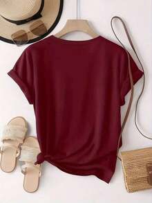 Shirt  Women Casual T-Shirt, Comic Heart Pattern For Valentine's DayLoose And Comfortable2026 Halftime Show Shirt - 酒紅色 - 查看 3