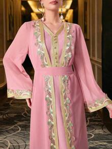 两件套女士阿拉伯传统长袖长袍和无袖连衣裙套装 - 粉色 - 查看 7
