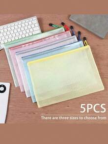 Set 5 pungi cu fermoar din plasă, genți impermeabile cu fermoar, genți impermeabile pentru documente în 5 culori, organizatoare multifuncționale pentru călătorii, școală, birou și acasă. Disponibile în 3 dimensiuni aleatorii, cu sau fără etichete. - Multicolor - Vizualizare 3