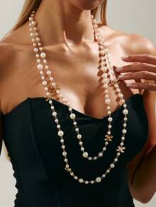 Delicate Double Layer Pearl Necklace, Golden Flower Design, Gift For Valentine's Day, Wedding, New Year