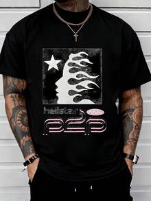 1pcs Men's Tops 220g Star Flame Face Graphic Tee Women Streetwear 100% Cotton Y2K Swag Men Clothes  Graphic Printed T Shirt Valentine's Day Gifts For Men Summer Casual Tee - Black - View 7