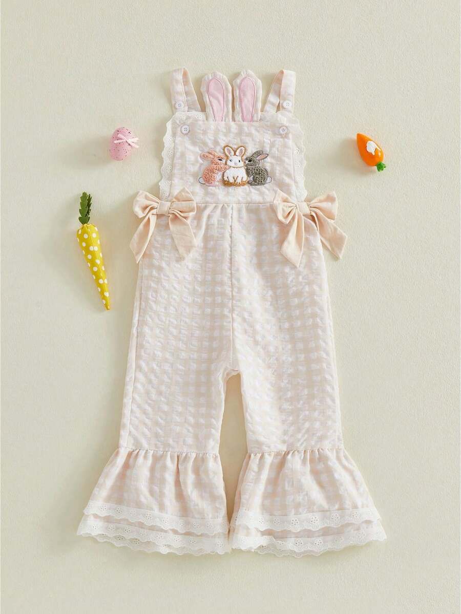 Toddler Baby Girl Easter Outfit Overalls Bunny Cross Lace Romper Cute Gingham Bell Bottom Suspender Jumpsuit - 杏色 - 查看 1