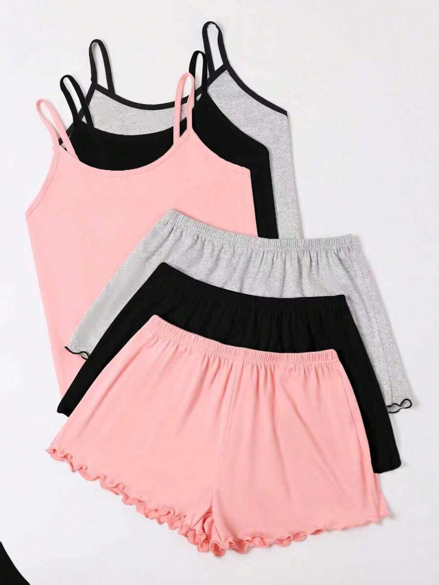 3pcs/Set Women's Minimalist Camisole & Shorts Pajama Set, Solid Color Simple Comfortable Loungewear Set, Black/Grey/Pink 6pcs, Spring/Summer - 彩色 - 查看 1