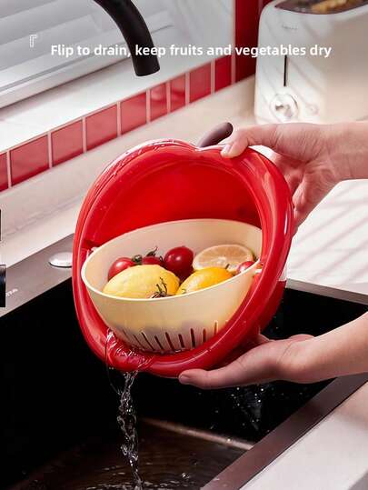 Large Plastic Double-Layer Double-Ear Drain Basket, Vegetable Washing Basin, Kitchen Fruit Basket