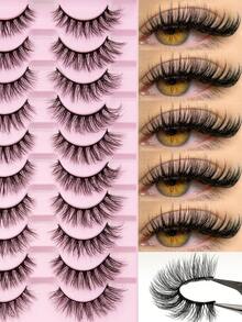 10对D卷度俄罗斯假睫毛，卷翘浓密，蓬松卷翘，3D仿貂毛假睫毛，猫眼款，纤细款，浓密款假睫毛条，提拉眼型，丰盈纤长款假睫毛条，用于美妆，拉长并增强外眼角的丰盈度。