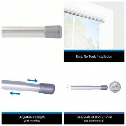 Adjustable Spring Tension Curtain Rod 28-48 Inches, 5/8 Inch Diameter Steel Tube With Chrome Finish