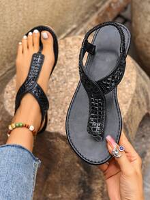 Women's Fashion Sequin Flat Sandals, Lightweight Comfortable Minimalist Open Toe Casual Outdoor Beach Flat Sandals For Spring/Summer - Black - View 4