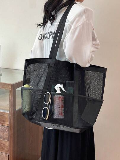 Bolsa de playa de un solo color con cierre abierto acolchado y malla, de gran capacidad para viajes y vacaciones, bolsa de almacenamiento plegable y portátil para natación, fitness, baño y almacenamiento de juguetes