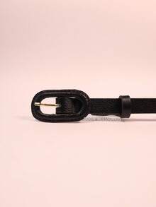 Women's Belt In Genuine Leather, 1.5cm Wide, Thin With Oval Buckle - Black - View 3