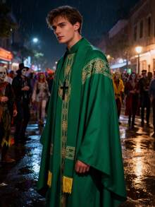 中世纪欧洲牧师/僧侣长袍角色扮演服装，包括：印花宽松长袍、流苏、十字架配饰 - 綠色 - 查看 2