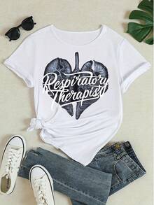 T-shirt casual bianca da donna con grafica polmone per terapista respiratorio, girocollo, maniche corte, vestibilità morbida, adatta per uso quotidiano - Bianco - Visualizzare 4