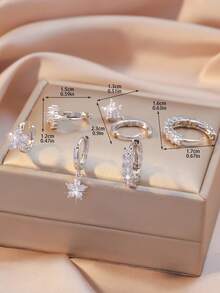 Hihho 6 Stück/Set Luxus Blumen Ohrringe Set, Silber/Stern Blume + Ohrringe, Nischendesign, vielseitig für Alltag, Date, Anziehen, hochwertige Schmuckzubehör für Frauen - Ohrring-Set - Übersicht 5