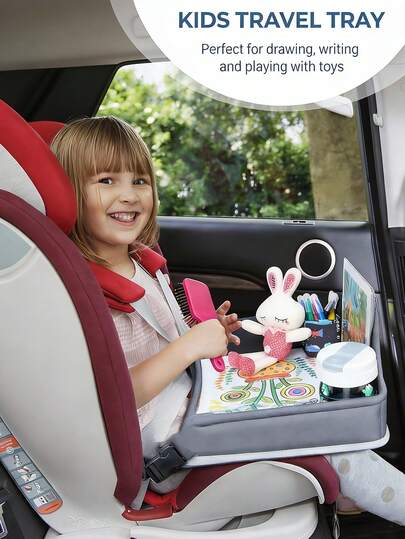 1pc Kids Car Travel Tray Table, Portable Backseat Car Dining Desk Tray - Drawing Board - Car Storage Small Folding Table - With Detachable Multi-Functional Side Pocket Organizer Bag, Compatible With Stroller, Airplane & Car Seat, Toy Storage | Space-Saving Design | Durable, Great Gift For Baby, Easter, Ramadan, New Year