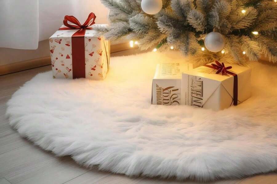 HONGHCL Falda para Arbol de Navidad 48in- Falda para árbol de Navidad Blanca de Piel Artificial, Falda para Arbol de Pedestal para Decoración de Fiesta (122cm\/48in) - albaricoque - Ver 1
