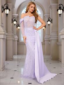 Beaded, Sequin Embroidered Lace Sexy Mermaid Tail Side Slit Evening Dress - Mauve Purple - View 4