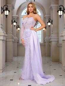 Beaded, Sequin Embroidered Lace Sexy Mermaid Tail Side Slit Evening Dress - Mauve Purple - View 2