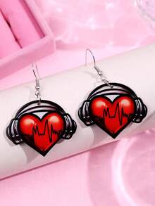 一对创意心形耳机造型亚克力吊坠耳环，可爱独特，适合日常佩戴、节日和派对等场合。 - 彩色 - 查看 2
