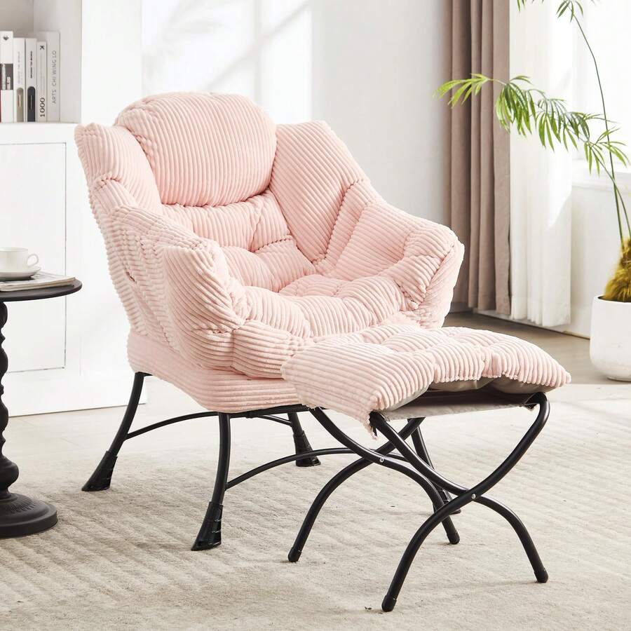 Lazy Chair With Ottoman, Modern Lounge Accent Chair With Armrests And A Side Pocket, Leisure Upholstered Sofa Chair Reading Chair With Footrest For Small Space, Corner Chair(Pink) - 粉色 - 查看 1