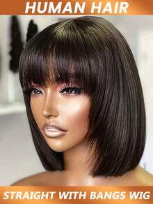 Straight Bob Human Hair Wigs With Bangs Short Brazilian Human Hair Full Machine Made Human Hair Wig Middle Part Bob Lace Wigs 200% Density - Natural Black - View 3