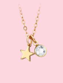 1件锌合金五角星镶嵌12色水钻可爱金色吊坠项链，适合青少年日常休闲佩戴 - 均碼 - 查看 13