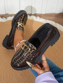 Women's Comfortable Slip-On Leather Loafers, Chunky Heel Oxford Shoes, Retro Platform Round Toe Oxfords, Suitable For Music Festivals, Halloween, Christmas - Coffee Brown - View 1