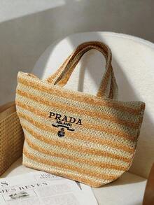 Prada Materiel Straw Tote, Striped Design, Spacious, Crossbody Bag, Beach Bag, Fashion - Brown - View 7