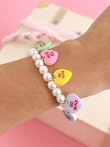 1pc Vintage Valentine's Day "Hug Me Be Mine Sweet Heart" Heart Pendant Faux Pearl Beaded Adjustable Bracelet, Women Gift, Valentine's Day Accessory - Multicolor - View 7
