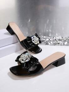 法式方头水钻蝴蝶结粗跟凉鞋，百搭显瘦，夏季新品 - 黑色 - 查看 3