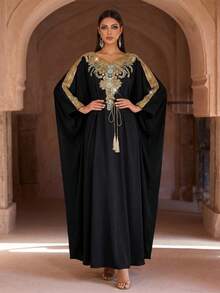 Luxury Pink Embellished Long Sleeve Kaftan Robe, Elegant Middle Eastern Style, Arabic Women's Abaya Robe, Modest And Graceful - Black - View 1