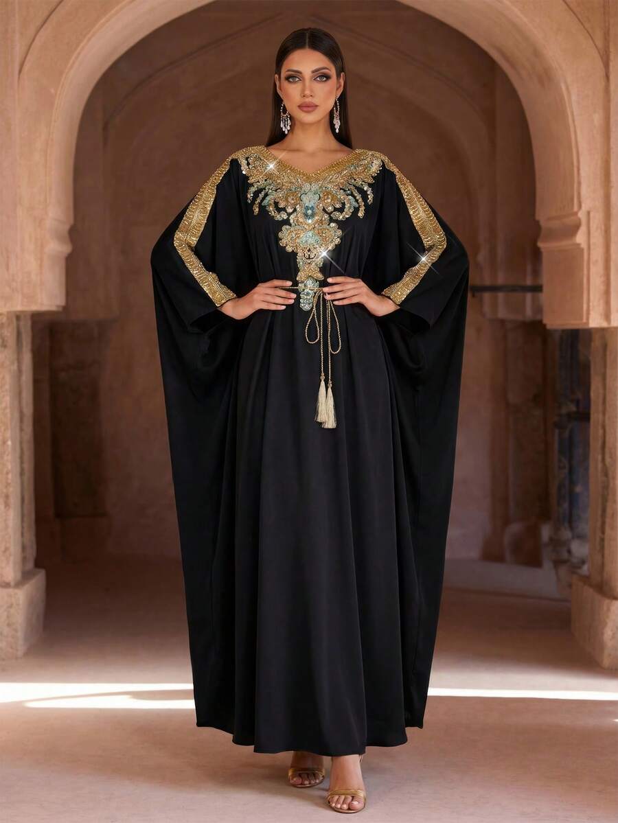 Luxury Pink Embellished Long Sleeve Kaftan Robe, Elegant Middle Eastern Style, Arabic Women's Abaya Robe, Modest And Graceful - Black - View 1