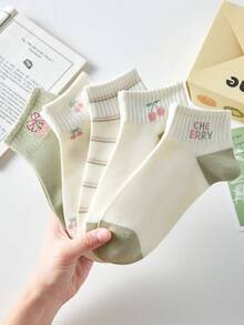 5 Paar Damen süße atmungsaktive Kirsche Schleife gestreifte kurze unsichtbare Socken, Knöchelsocken/Kniestrümpfe, weiße Socken, grüne Socken, geeignet für den täglichen Lässig-Stil, ganzjährig - Verschiedenfarbig - Übersicht 11