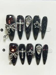 10片装奢华手工按压式美甲贴片，暗黑性感少女假指甲，蝴蝶结星形十字钻紫色尖头杏仁形美甲贴纸，美甲护理工具（1片果冻贴片+1个指甲锉）