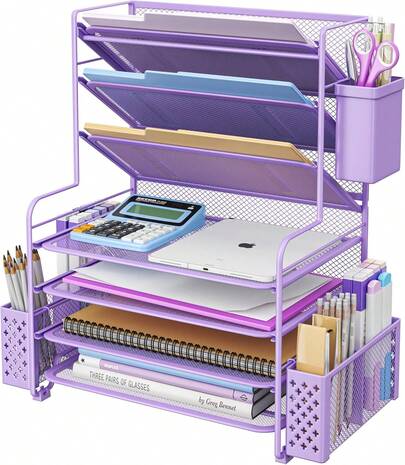 Simple Trending Organizador de Archivos de Escritorio de 7 Niveles, Bandeja para Cartas Organizador de Papel con Portabolígrafos y Canasta Colgante de Metal, Morado