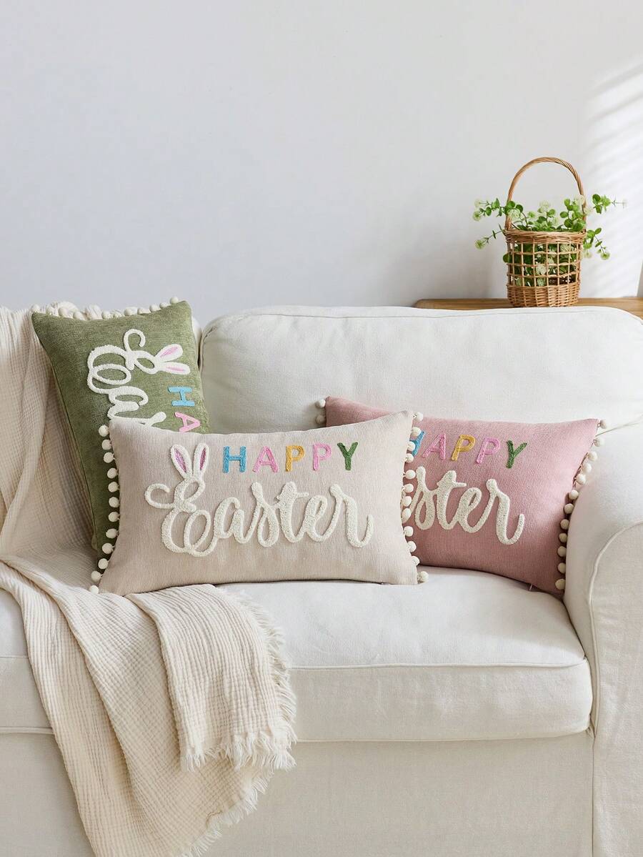 1pc Khaki Easter Bunny Embroidered Throw Pillow Cover, Happy Easter Pillowcase, Suitable For Indoor Decor, Spring/Summer Cushion Cover, Pillow Insert Not Included