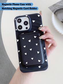 Black & White Heart Magnetic Phone Case With Card Bracket, Romantic Love Pattern Shockproof Cover, Compatible With MagSafe, Compatible With IPhone 14/15/16/17/17 Pro Max - Black - View 1