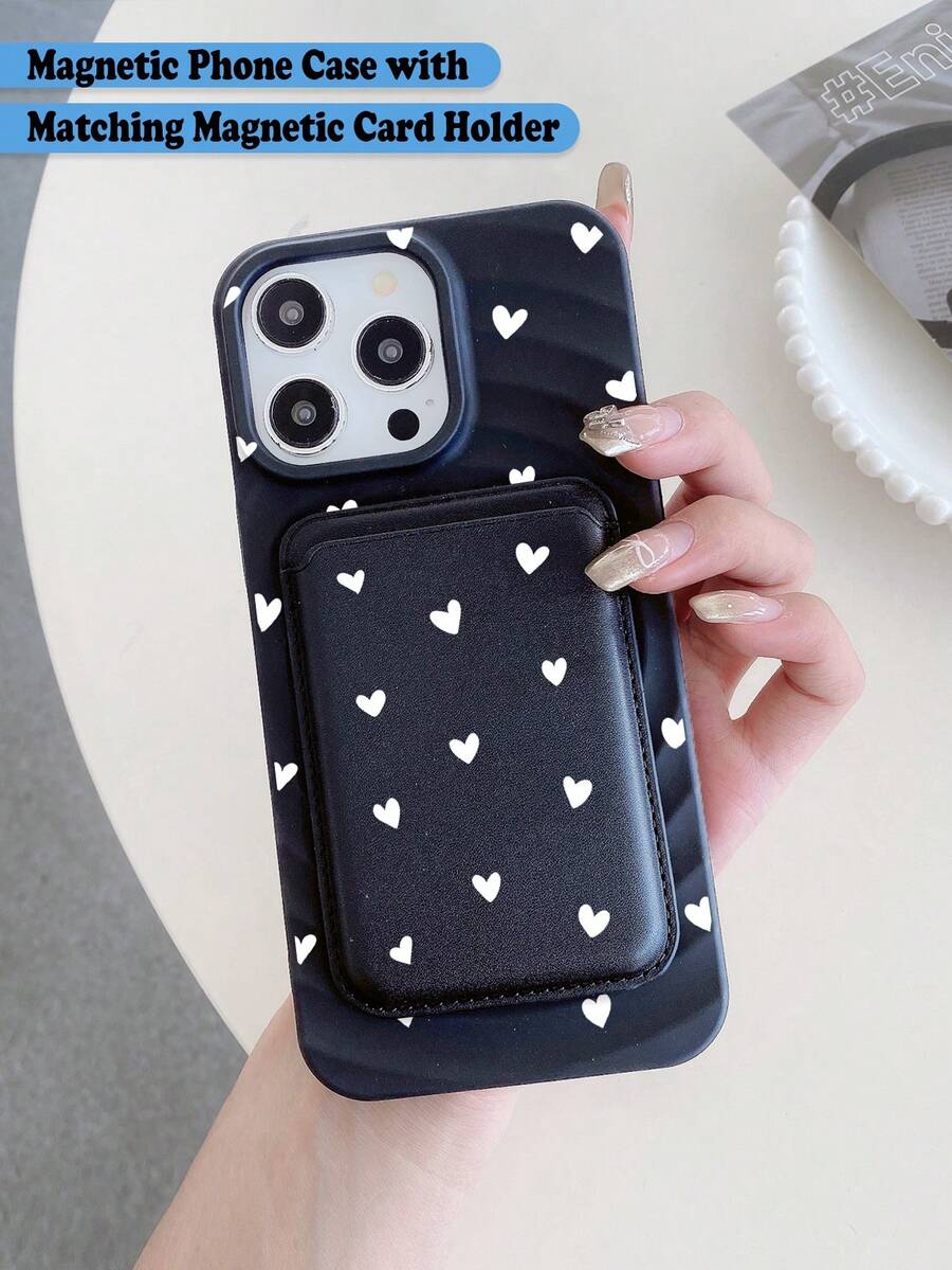 Black & White Heart Magnetic Phone Case With Card Bracket, Romantic Love Pattern Shockproof Cover, Compatible With MagSafe, Compatible With IPhone 14/15/16/17/17 Pro Max - Black - View 1