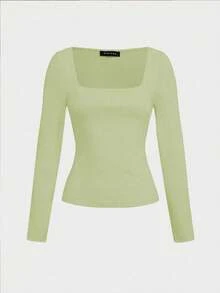 Basic Minimalist Crew Neck Double Layer Seamless Fitted Long Sleeve Top - Light Green - View 4