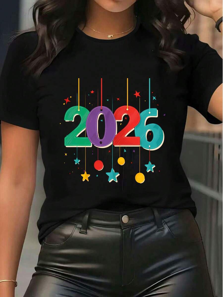 Damen 2026 grafischer Muster Kurzarm T-Shirt Lässig Rundhals Tee mit bunten Stern- und Ball-Dekorationen, Sommer Alltagstop
