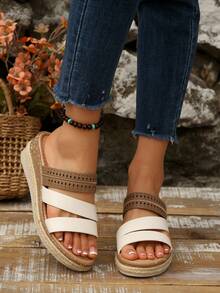 Women's European & American Style Woven Straw Rope Thick Sole Hollow Wedge Sandals, Casual Vacation Wear Summer Sandals - White - View 4