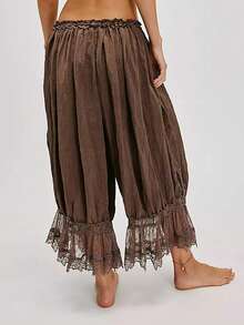 Women Lace Trim Long Bloomers Elastic Mid Rise Ruffle Pantaloons Cropped Flared Slips Pants Pajama - màu nâu - Xem 6