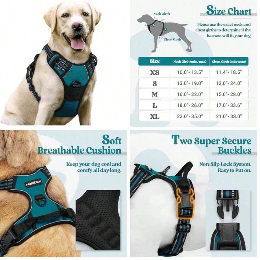 Rabbitgoo Arns para perros, arns sin tirones para perros grandes, arns ajustable para chaleco con clips delanteros y traseros para correa, arns reflectante para mascotas, acolchado suave con mango de fcil control (verde azulado, grande) - trullo tranquilo+l - Ver 1