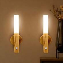 1 Lámpara de pared con sensor de movimiento, lámpara inteligente de madera imitación con luz nocturna infrarroja por movimiento, lámpara de pared LED recargable para pasillo, tipo de montaje magnético, para mesa o pared, luz de sensor interior, disponible en 3 temperaturas de color - Multicolor - Ver 1
